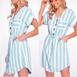 NEW! Striped Blue Button Down Tie Waist Dress